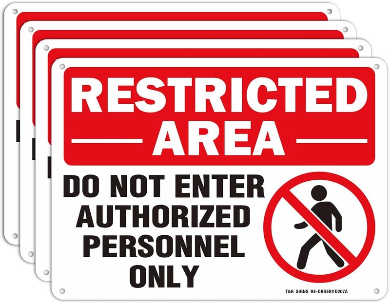 TR Restricted Area Do Not Enter Authorized Personnel Only Sign - 4 Pack - 10 x 7 Inches Rust Free .040 Aluminum - UV Protected, Waterproof, Weatherproof and Fade Resistant - 4 Pre-drilled Holes - Image 1